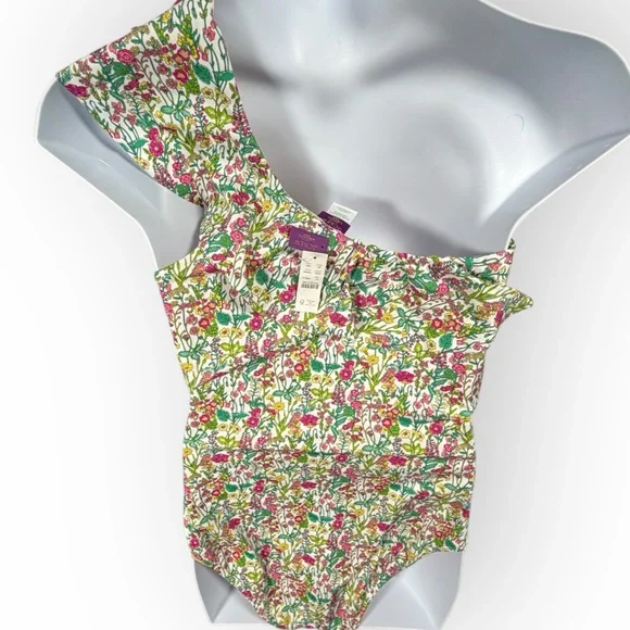 J. Crew One-Shoulder Floral One Piece in Green and Pink flutter Liberty Sz 16‎ - Picture 9 of 14